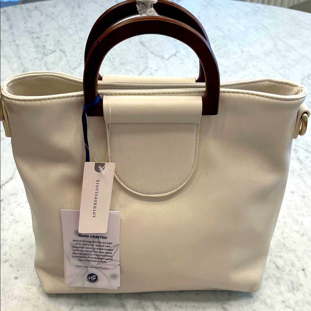 NWT: Anthropologie Cream Tote with Wooden Handles